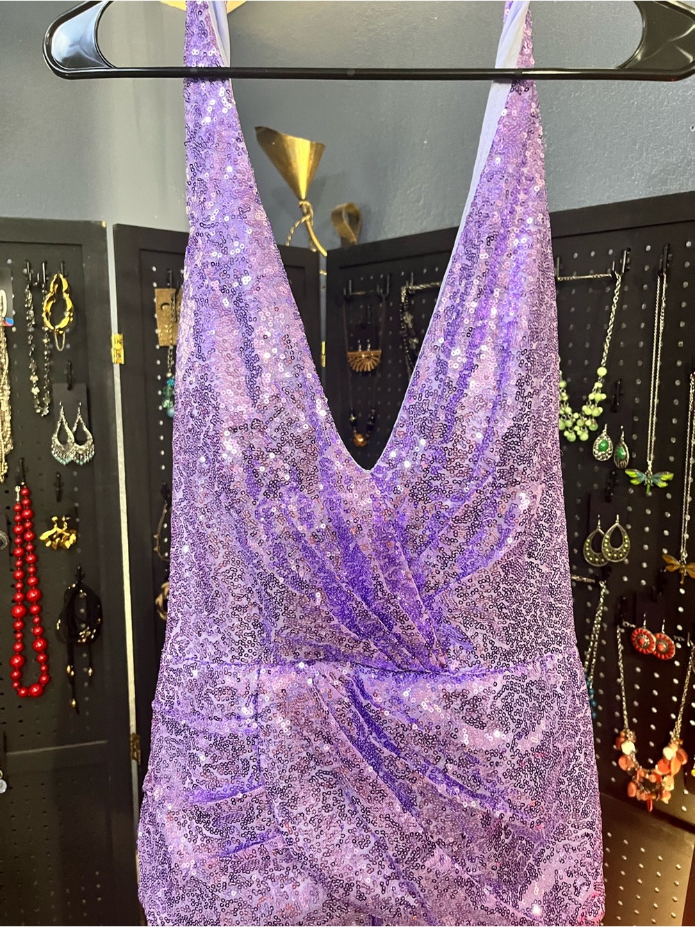 Source Unknown Lavender Sequin V-Neck Sequin Halter Jumpsuit
